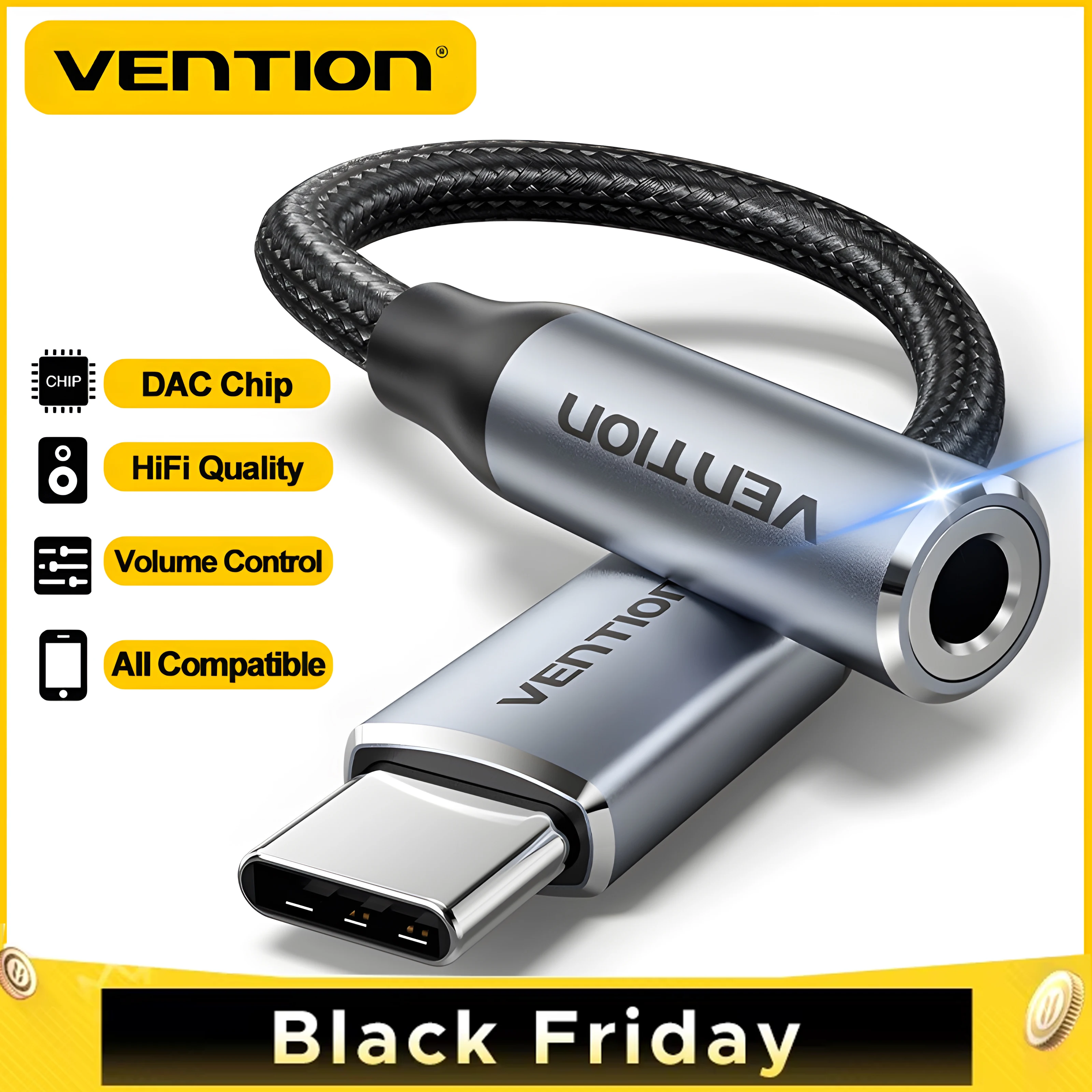 Vention New DAC USB Type C to 3.5mm Jack Headphone Adapter Aux Audio All Earphone HiFi Splitter Cable for iPhone 16 15 Samsung