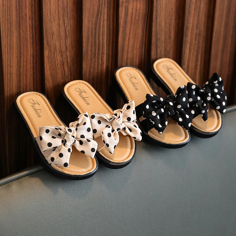 2022 New Bow Flats Open Toe Slide Sandals Non-slip Flip Flops Children Home Slippers Kids Girls Summer Cute Beach Slippers Shoe