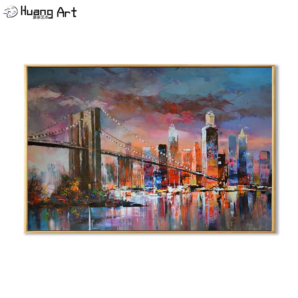 Experienced Painter Team Support High Quality Hand-painted New York City Palette Knife Bridge Oil Painting for Room Decor Art