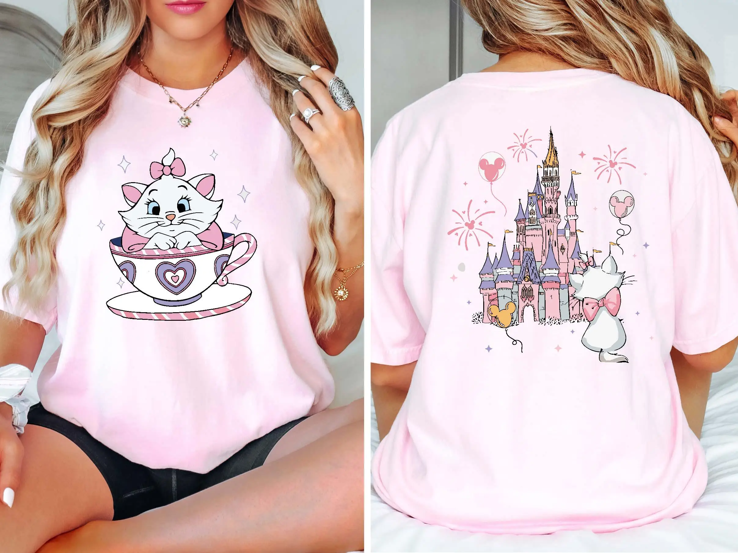 2025 Disney The Aristocats Mary Cat Crazy Teacup Party Shirt Magic Kingdom Family Sports Short Sleeve Women's Casual Fashion Top