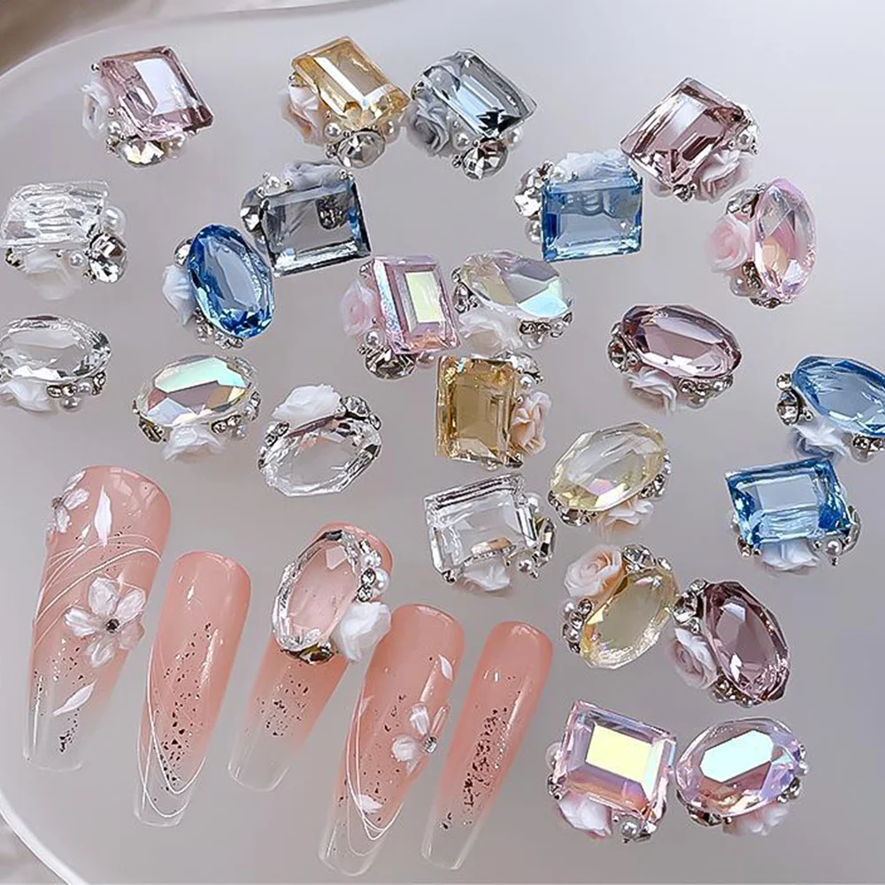 10pcs Luxury Transparent Nail Rhinestones Aurora Glass Square Crystal Rose Nail Charms Diamond Piles Nail Oval Sparkling Stones