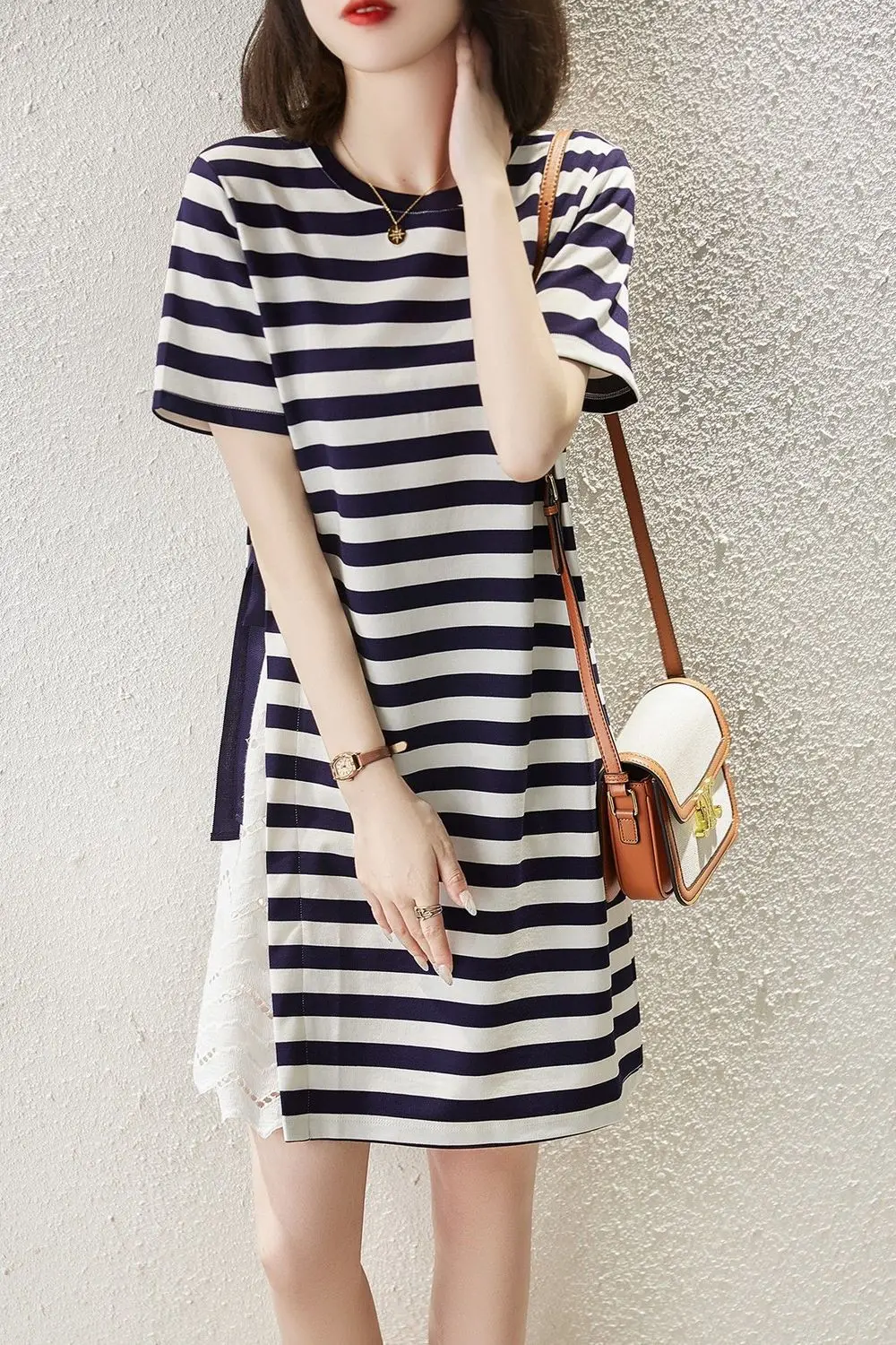 Splicing Striped T Shirt Summer Dress for Women Clothes 2023 New In Casual Fashion 100% Cotton Patchwork Short Sleeve Dresses