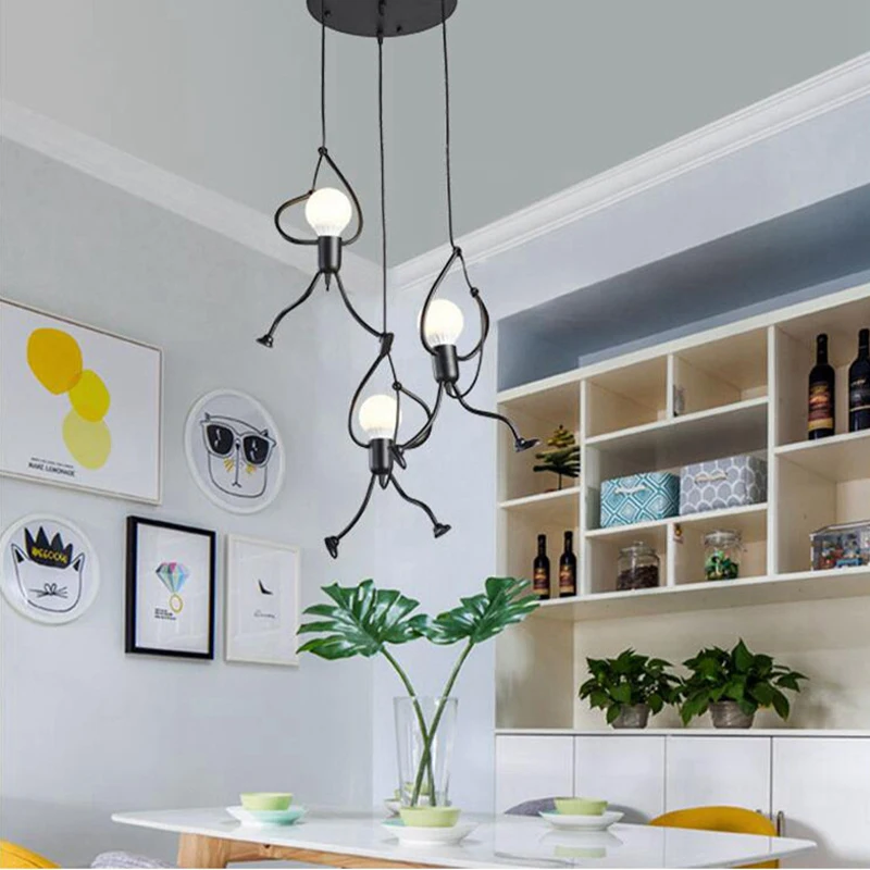 LED Pendant Lights Vintage Iron Little Man Hanging Lamp for Home Living Children's Room Dining Table Decor E27 Pendant Light