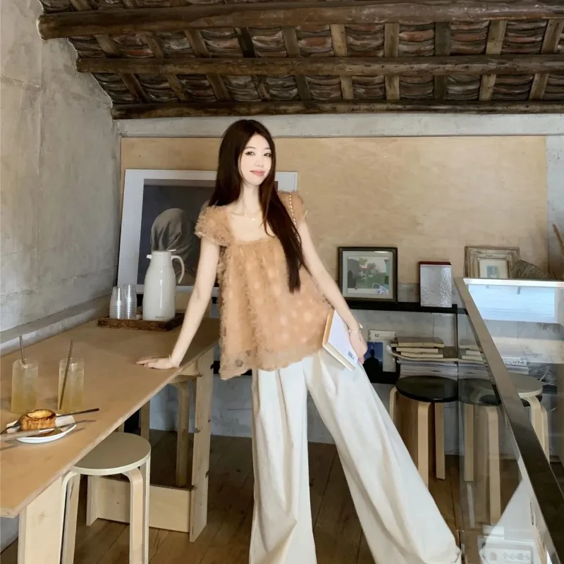 Women's Apricot Ruffled Chiffon Blouse Elegant Square Neck Cap Sleeve Textured Sheer Top