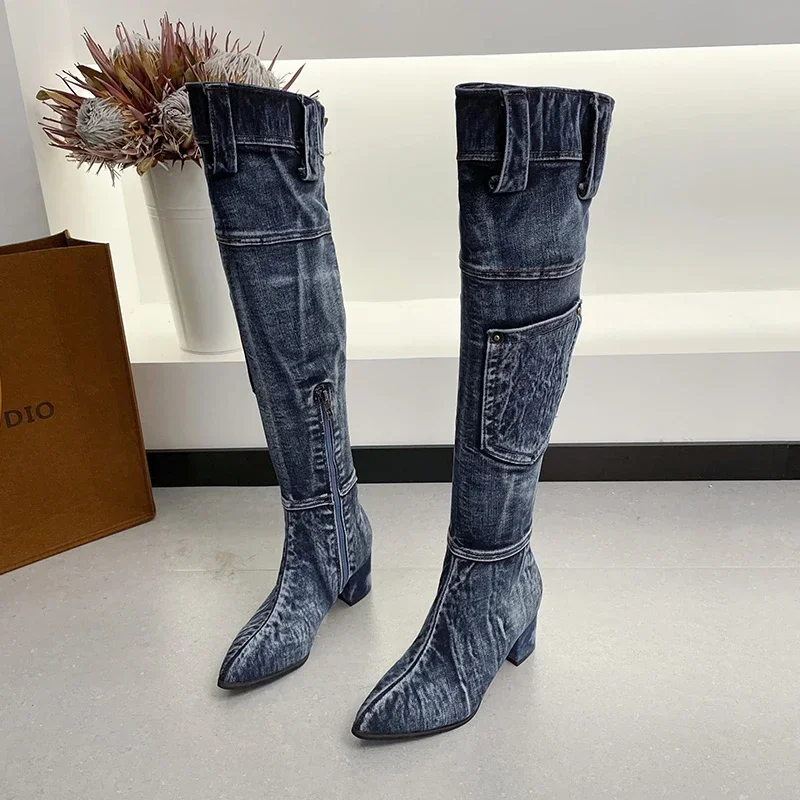 2022 Sexy Jean Boots Women\'s Knee-High Boot Zipper 6CM High Heel Woman Stylish Jeans Boots Ladies Denim Boot Female Shoes Cowboy