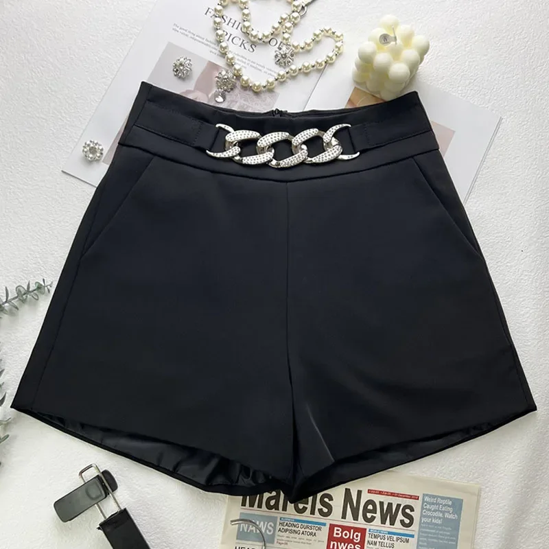2023 New rhinestone Spring Autumn Women Shorts High Waist Solid Color Office Lady Short-Pants Female Fashion Zipper Up Buttom