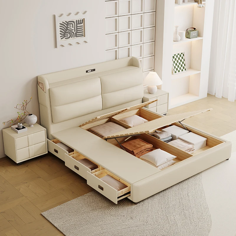^Modern Cream Smart Storage Bed with Integrated Charging & Triple-Zone Drawers - Luxury Hydraulic Upholstered Bed Wholesale