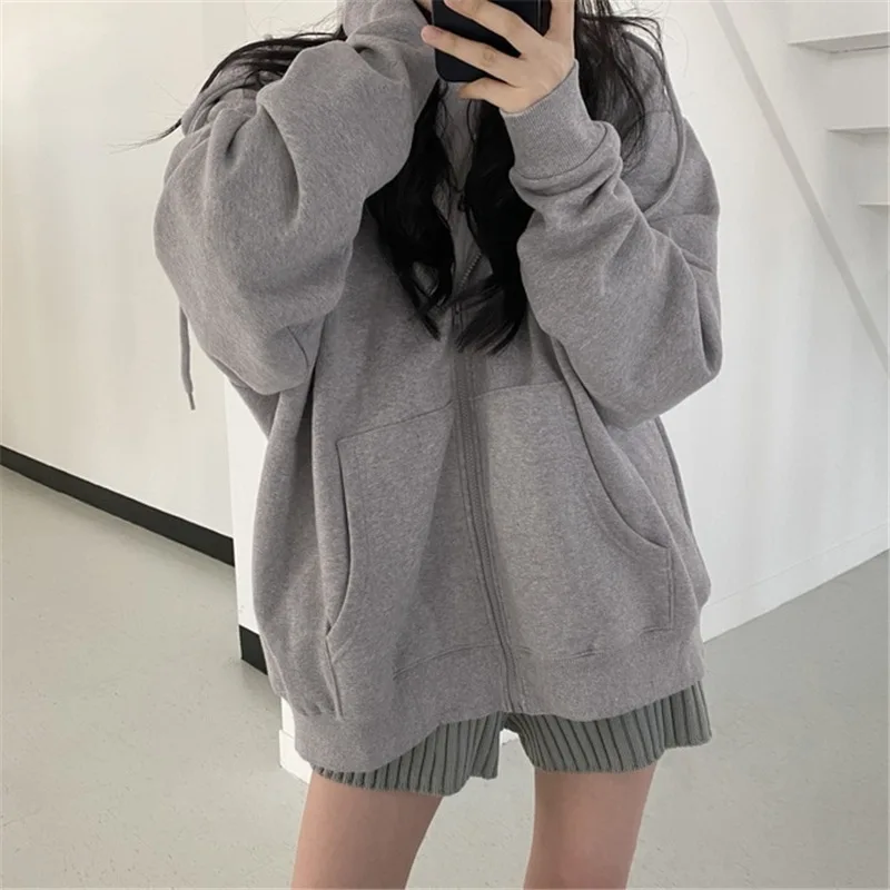 Women Hoodies Solid Color Zip Up Pocket Oversized Harajuku Korean Sweatshirts Long Sleeve Baggy Hooded Streetwear Casual Top 후드티