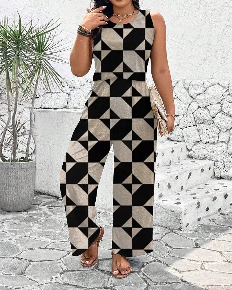 Artystyczny geometryczny wzór kombinezon damski letni bez rękawów dopasowany odzież artystyczna modny casualowy kombinezon na wakacje z szerokimi nogawkami