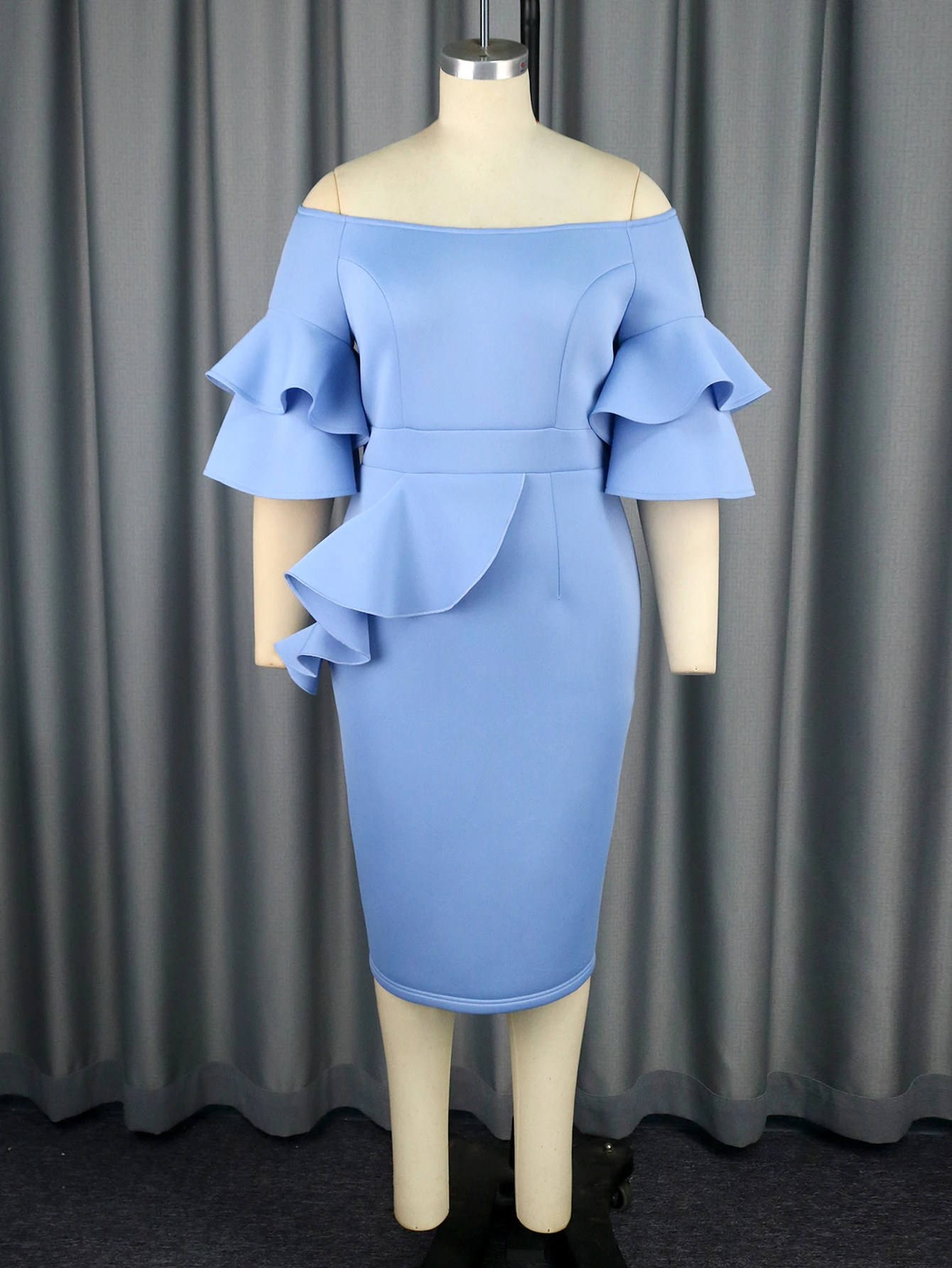 AOMEI Women Party Dress Birthday Bodycon Elegant Blue Ruffle Sleeves Bow O Neck Slim Celebrate Cocktail Event Cute Plus Size 4XL