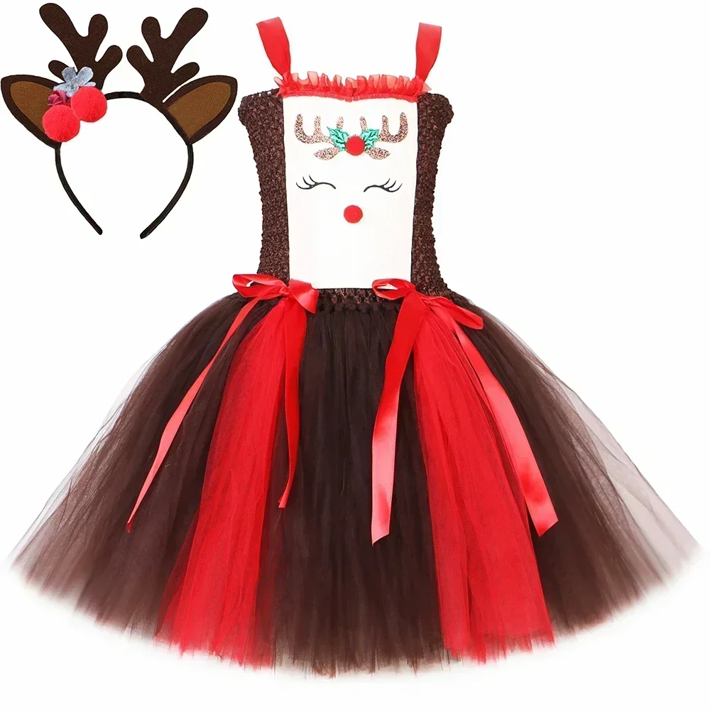 Christmas Party Tutu Dress Rudolph Reindeer Deer Costume Kids Girls Brown Red Toddler Girl Xmas Princess Dress Antlers Headband