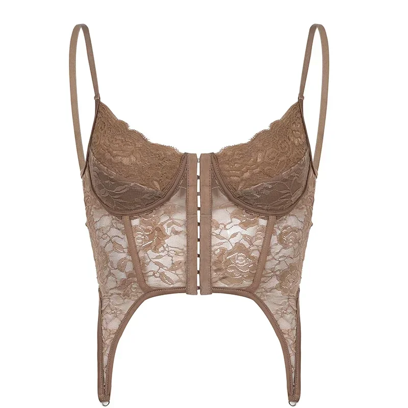 

Women Sexy Lace With Bra Pad Camis Summer Solid Backless Slim Buttons Tank Top Strapless Irregular Tops Chic Solid Crop Top