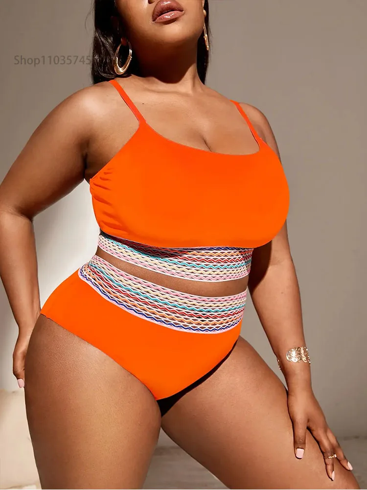 

Orange swimsuit, women's contrasting stripes, large swimsuit, high waist, summer beach clothing