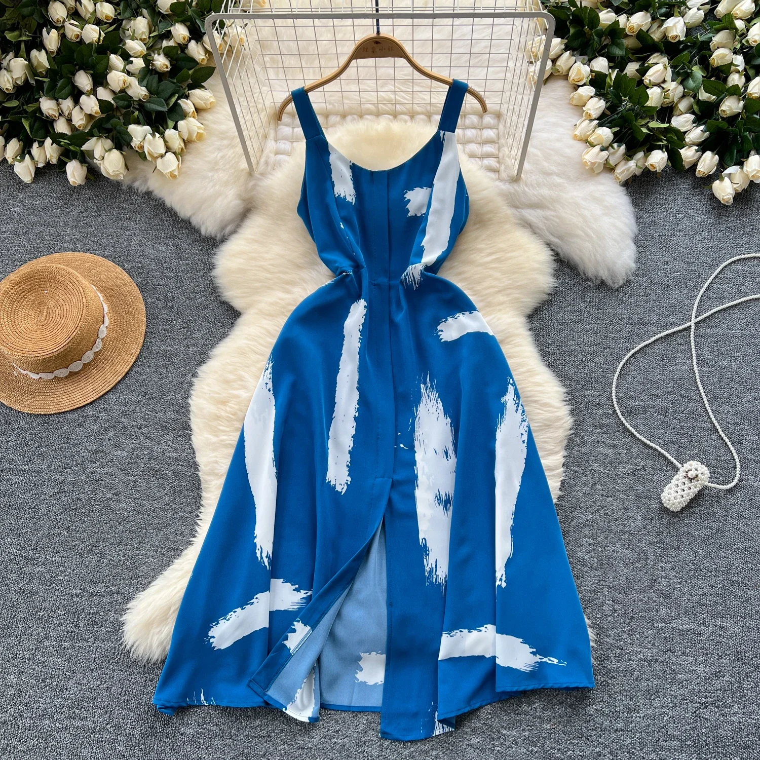 2024 New Summer Print Sweet Dress Straps O Neck Backless Split Elegant Ladies Vacation Beach Party Midi Sundress