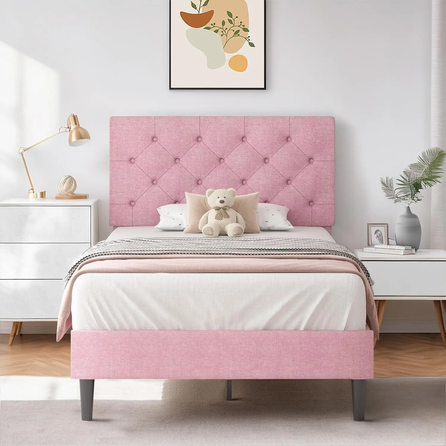 Twin Bed Frame, Upholstered Twin Bed Frame with Headboard, Pink Twin Bed Frame for Girls, Wood Slats, Linen Fabric, Butto