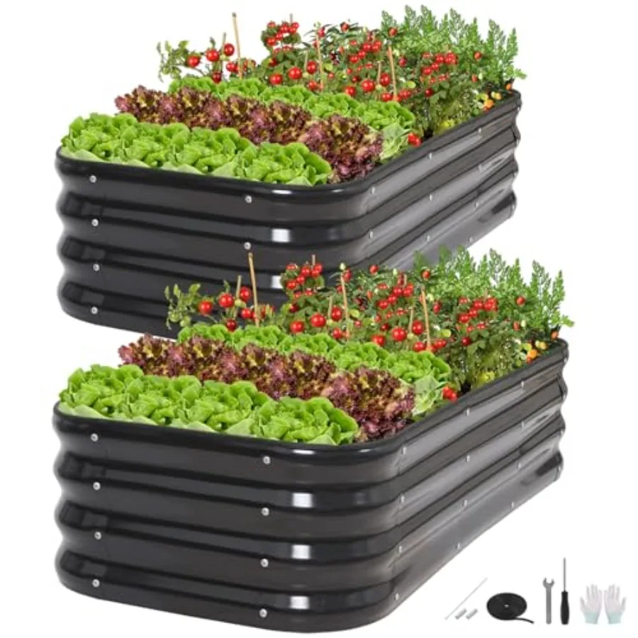 

Металлическая оцинкованная грядка 3-в-1 для сада - 4x2x1 фут, 2 шт., модульный комплект для выращивания растений на открытом воздухе с опорными стержнями