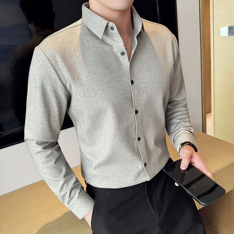 

Autumn Winter New Thicken Woolen Long Sleeve Shirts Men Luxury Seamless Striped Slim Fit Casual Business Warm Shirt Tuxedo 4XL-M