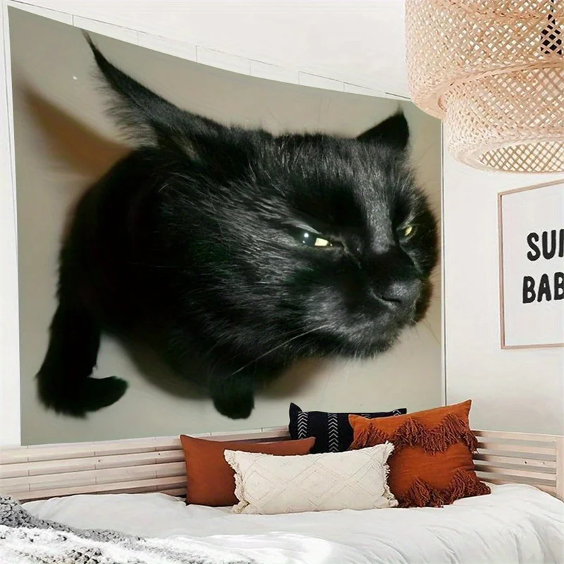 1pc Black Cat Meme Tapestry Washable Polyester Wall Hanging with Realistic Black Cat Design, Perfect for Living Room or Dorm Dec