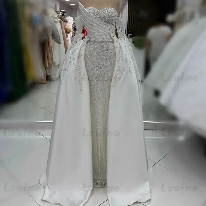 

Elegant Ivory Pearls Beaded Evening Dresses With Detachable Train Arabic Evening Events Dress Customized Off Shoulder Prom Gowns