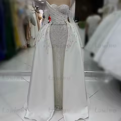 Elegant Ivory Pearls Beaded Evening Dresses With Detachable Train Arabic Evening Events Dress Customized Off Shoulder Prom Gowns