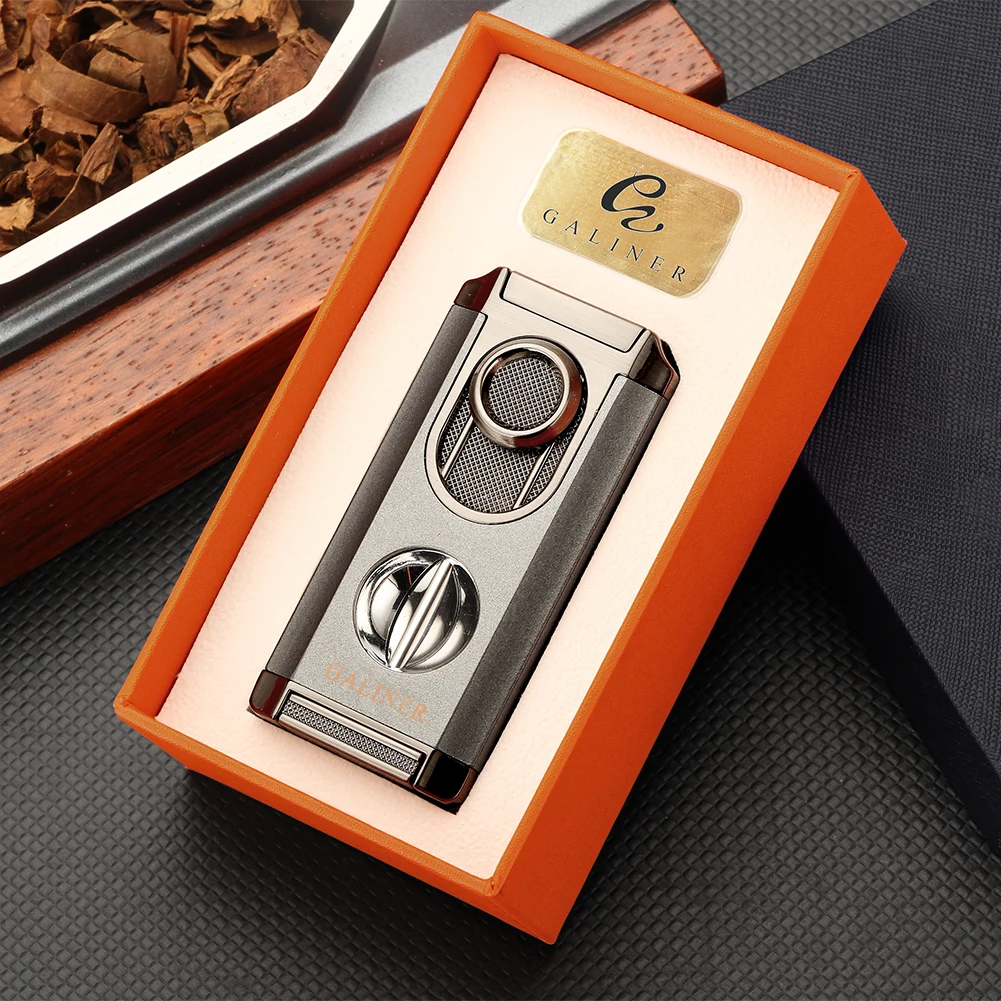 GALINER Metal Cigar Lighter With Cigar V Cutter Portable 2 IN 1 Luxury Butane Gas 3 Torch Lighter Cigar Cutter Smoking Tool