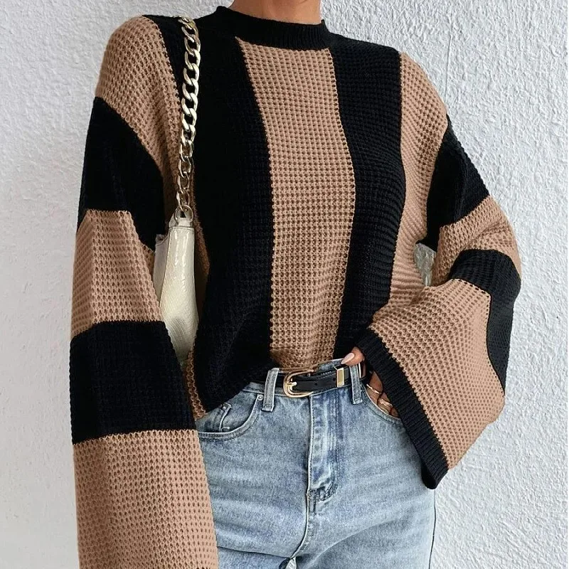 New Knitted Sweater Women Tops Round Neck Striped Contrasting Colors Design Goth Sweater Jacket For Women\'s Clothing Outerwears