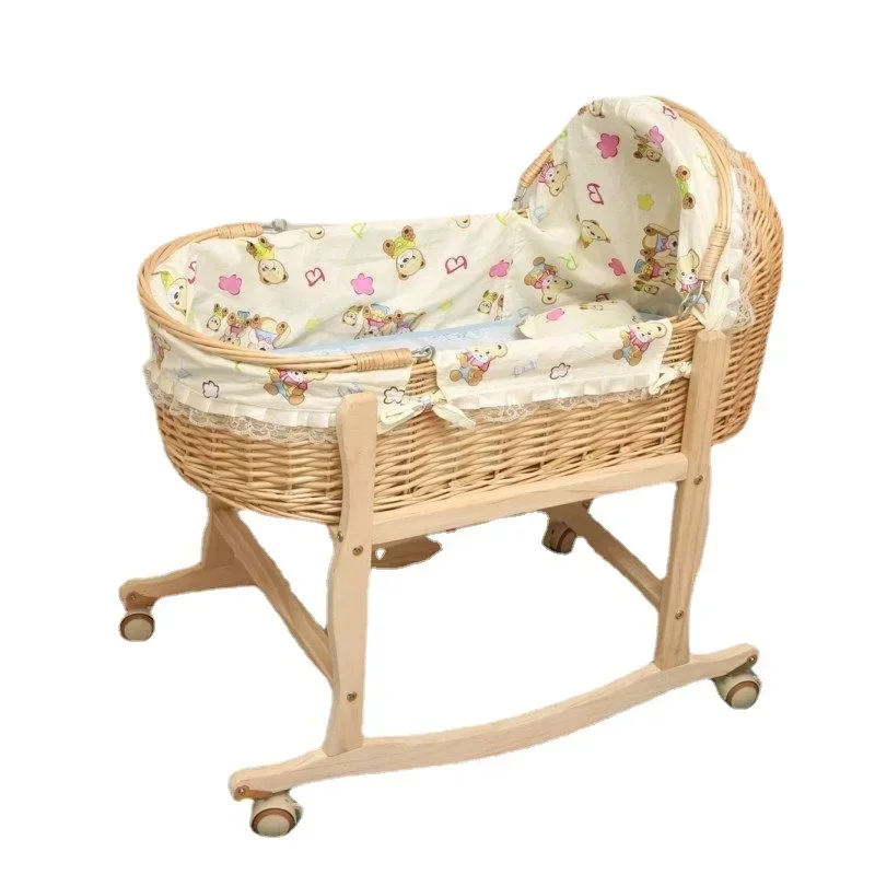 New Upgrade Wooden Portable Baby Cradle Bed with Roller Baby Rocker 360 Degree Rotating Wheel Newborn Baby Crib 0-24M