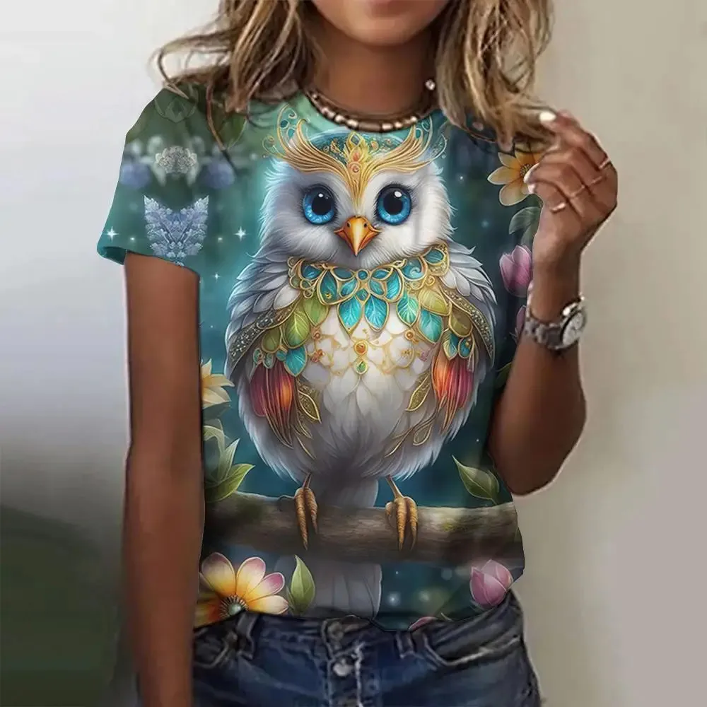 Summer Clothing for Girls Animal Print O-Neck T Shirt Owl Pattern Short Sleeve Baby Boy Clothes Child from 2 to 14 Years Costume image 6