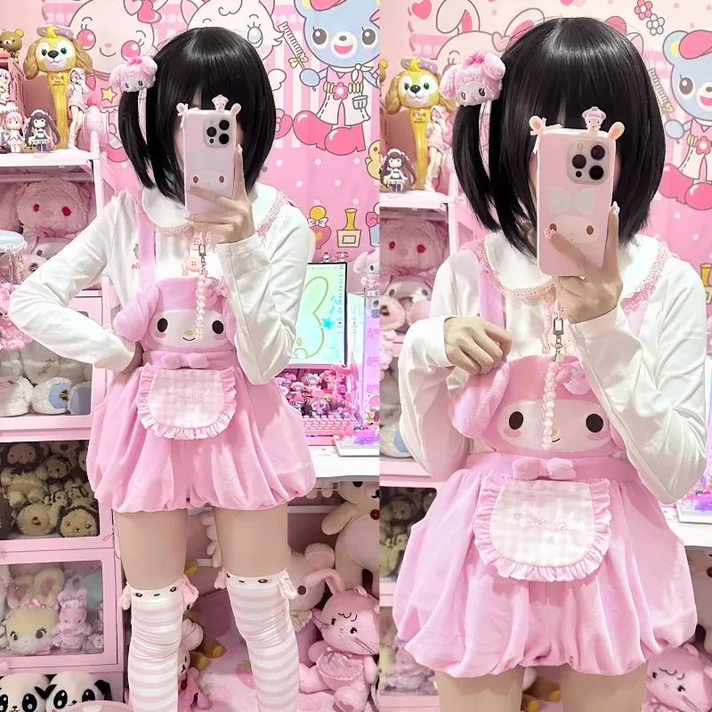 

Japanese Lolita My Melody & Cinnamoroll Fluffy Bud Hooded Overall ShortsSweet Style for Daily Wear, Comic Cons and Photoshoots