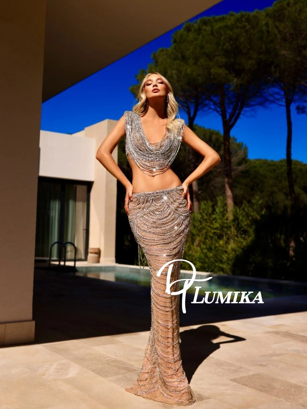 

Sexy Silver Chain Embellished Two Piece Evening Dress Crop Top & Mermaid Skirt Set Sparkly Formal Gown For Club Party Night Out