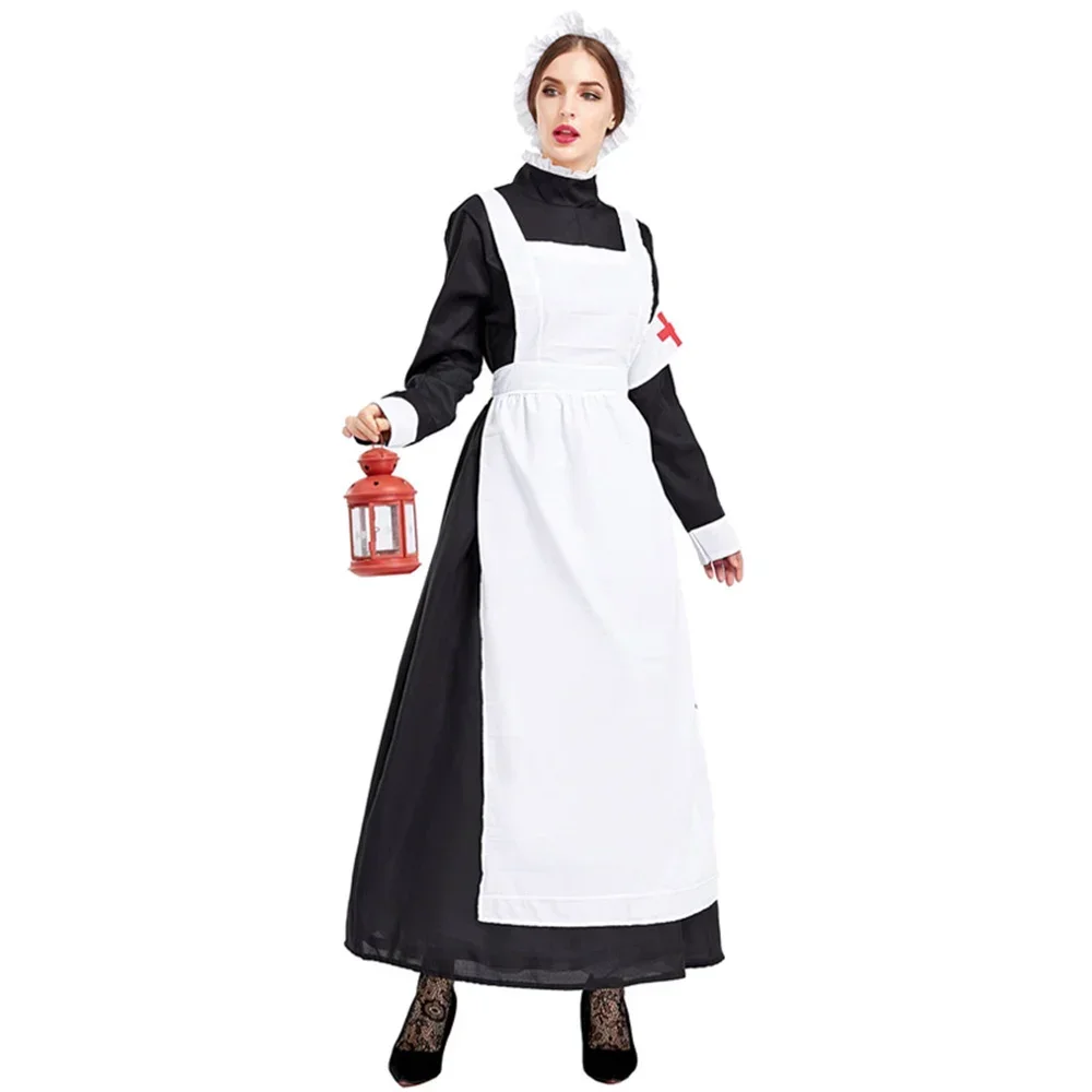 

Historic Victorian War Nurse Maid Dress Women Long Dress with Apron Women Nightingale Costume Halloween Cosplay Costume