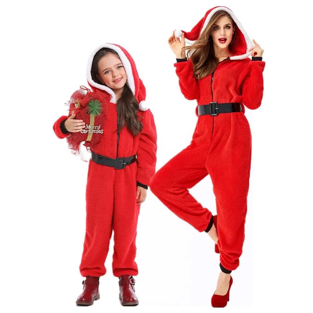 Women Kids Christmas Santa Claus Costume Suit Xmas Party Cosplay Christmas Elf Parent-Child Coral Fleece Home Jumpsuit Pyjamas