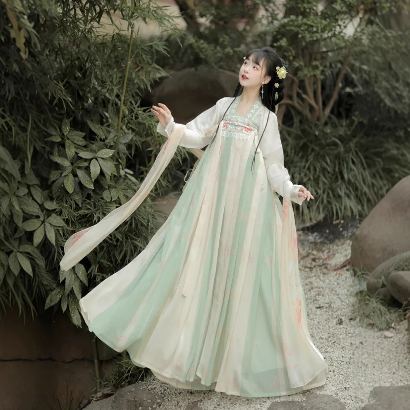 المرأة الأصلية Hanfu تانغ سلالة مستوحاة Qixiong Ruqun الزي النمط الصيني ربيع الخريف ارتداء اليومي مع الأشرطة الكتف