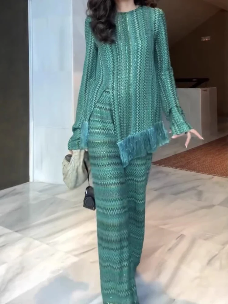 

Сексуальный пуловер с v-образным вырезом, топы и брючный костюм, женские повседневные свободные комплекты с длинными рукавами для отпуска, комплекты из 2 предметов, элегантные полосатые наряды с кисточками и принтом