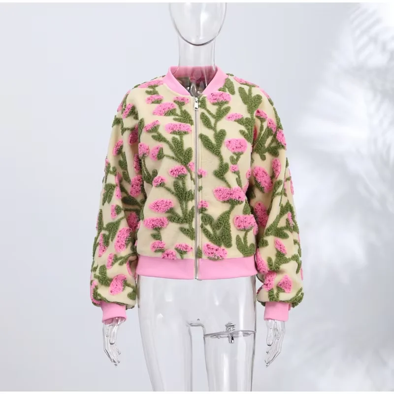 Designer 3D-Blumen-Fleece-Bomberjacke für Damen, Modische Oversize-Jacke mit Reißverschluss, Luxuriöse Plüsch-Oberbekleidung, Herbst-Winter-Streetwear 2026 – Detail 5