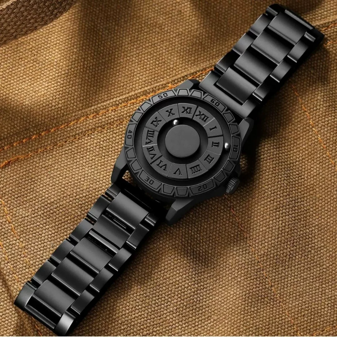 ساعات كوارتز رجالية، ساعات يد مغناطيسية مقاومة للماء من الفولاذ المقاوم للصدأ، قرص أسود، موضة رياضية Relogio Masculino