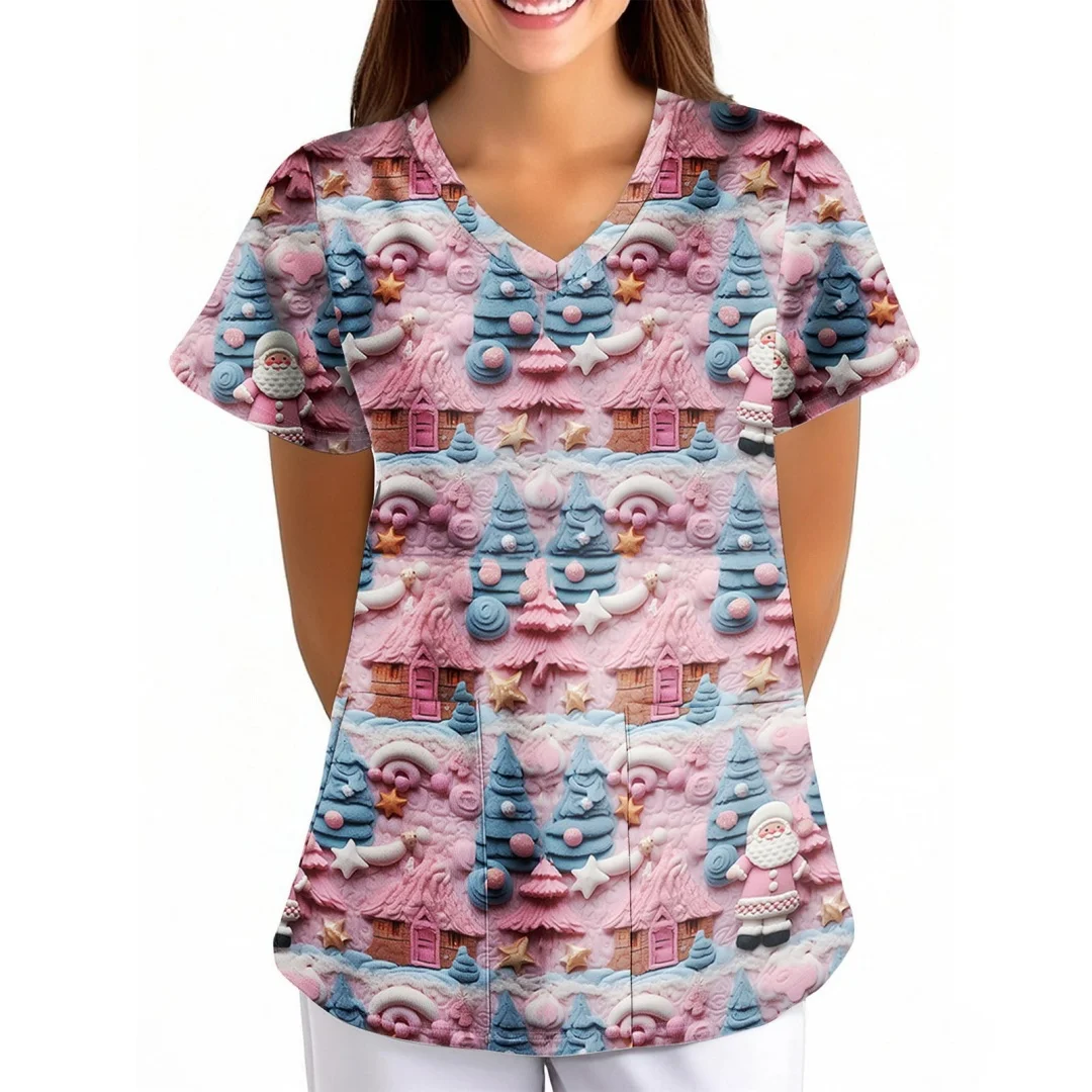 ชุดยูนิฟอร์มพยาบาลลายการ์ตูนซานตาคลอส แขนสั้น คอวี สำหรับผู้หญิง ทำงานในโรงพยาบาล หรือสถานพยาบาล