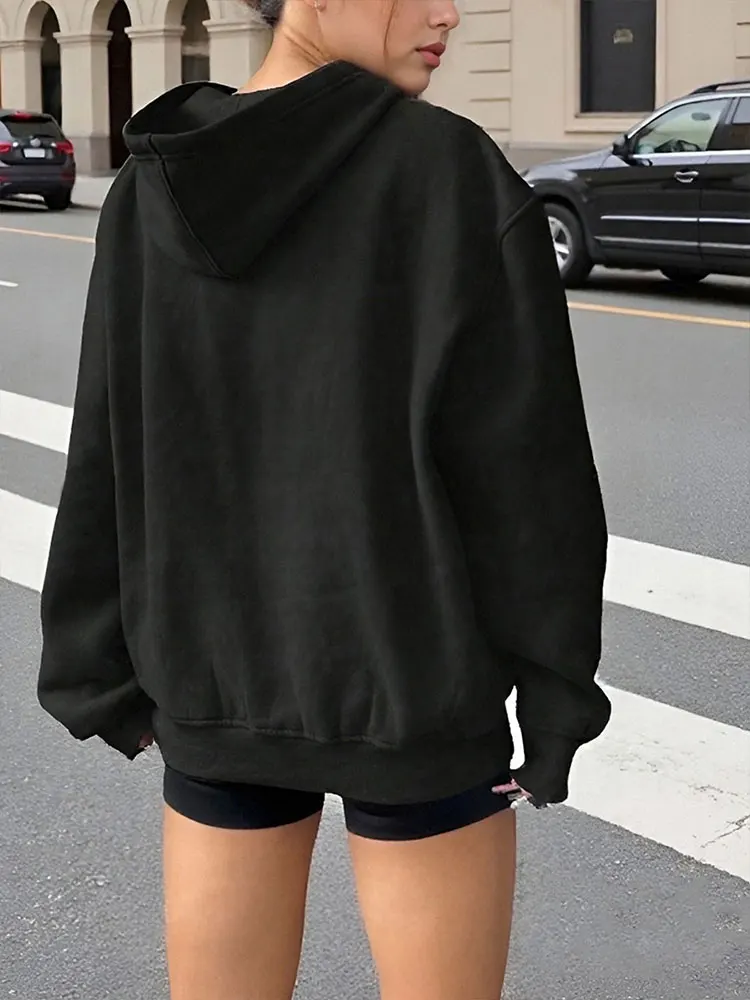 เสื้อฮู้ดผู้หญิงสีดำเซ็กซี่ แฟชั่นสตรีทแวร์ฤดูหนาว แขนยาว คอกลม มีกระเป๋า เสื้อลำลองอเนกประสงค์ สไตล์สปอร์ต