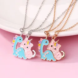 Luoluo&baby 2Pcs/set Cartoon Dinosaur Cat Magnet Drip Oil Alloy Best Friend Necklace for Kids Girls Fashion Friendship Gifts
