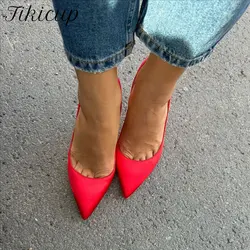 Tikicup Women Red Satin Pointed Toe Pumps Slip On Stilettos Comfortable Ladies Silk High Heels Wedding Party Dress Shoes