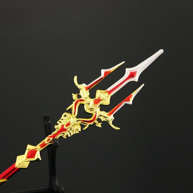 Red and Gold Chaos Spear Mini Replica Edition  Metal Trident Keychain, Gaming Collectible Sword Model,  Cosplay Prop / Toys Gift - view 2