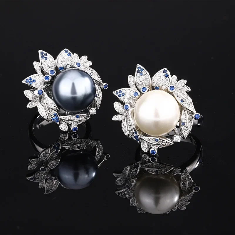 New High-end Jewelry Luxury Inlaid Copper-plated Platinum New Inlaid Pearl Flower Temperament Light Luxury Ring 14mm