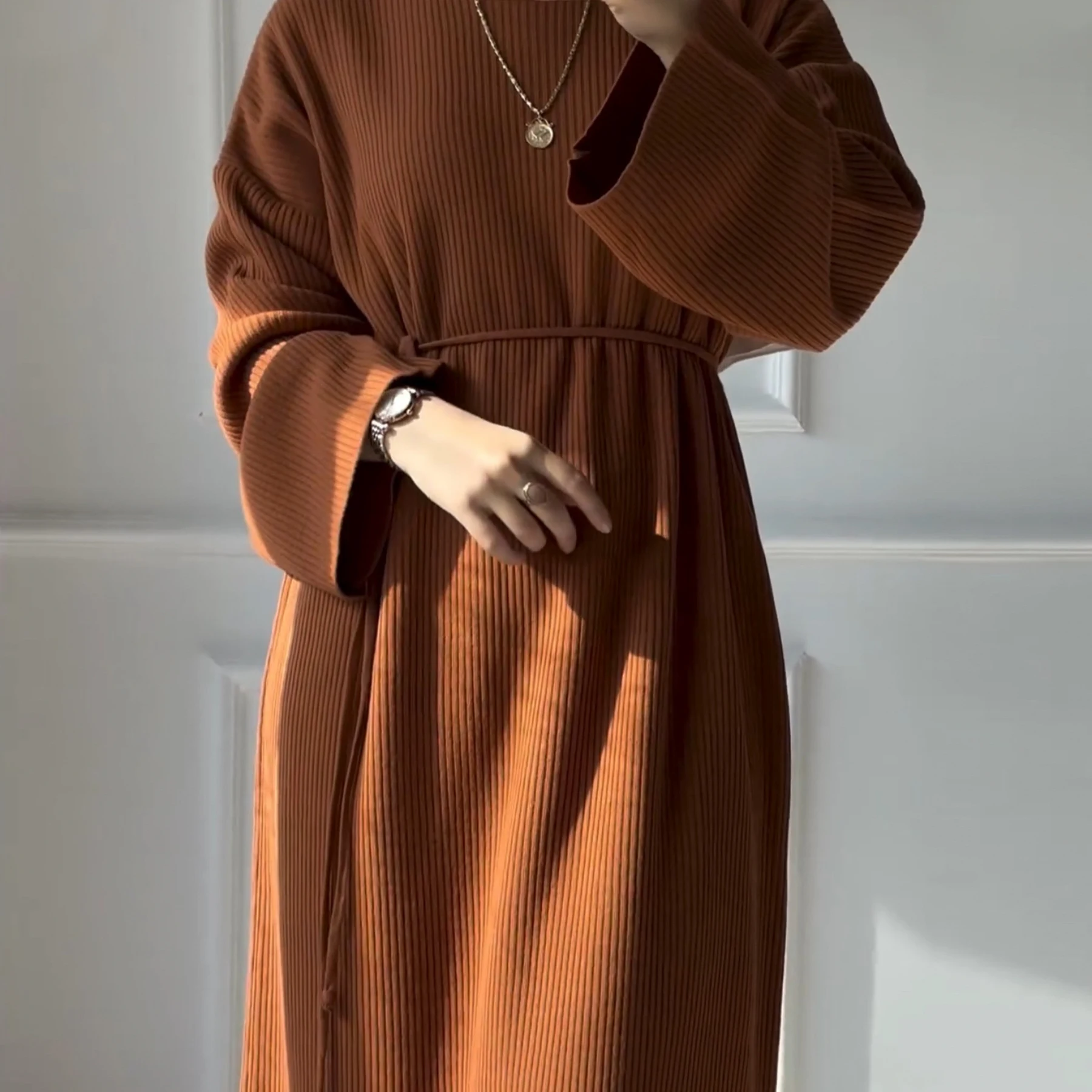 Ribbed Knit Abaya Dress for Women, Warm Muslim Long Dress, Turk Islamic Clothing, Modest Hijabi Outfit, Ramadan, Autumn/Winter