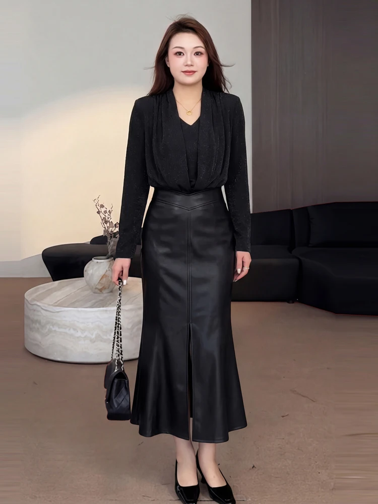 

plus Size Women's Spring Fashion Set with Long Sleeves And Rhinestones Design High Waist A-Line Skirt And Top Korean Style