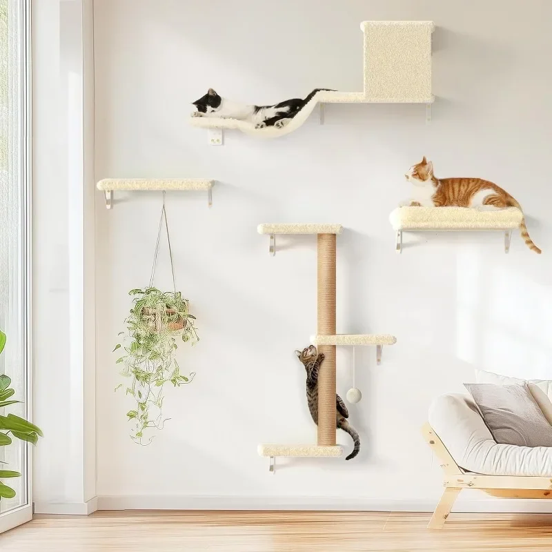 

Cat Wall Shelves, Stable & Safe 4 in 1 Large Cat Walls Furniture Set, Wooden Kitten Climbing Wall with Scratching Post