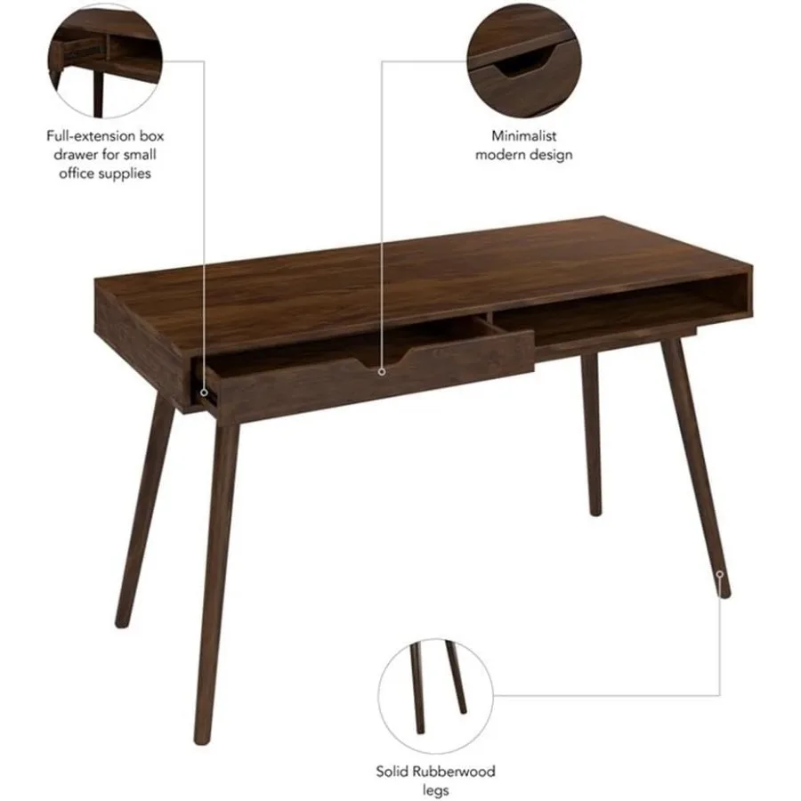 Bush Furniture Nora 54W Writing Desk in Dark Walnut Large Computer Table with Storage for Home Office Study Room or Entryway