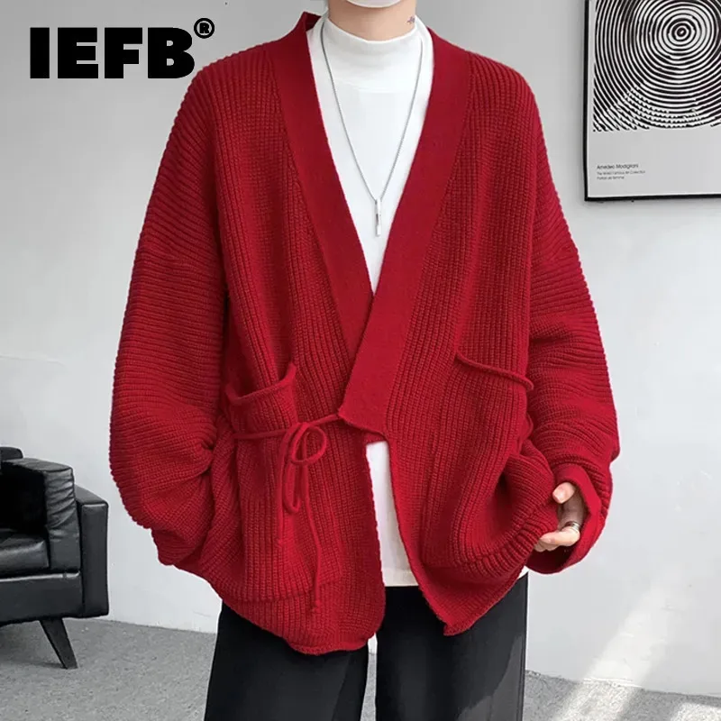 IEFB Knitted V-neck Cardigan Men Sweater Long Sleeves Lace-up Solid Color Autumn Winter 2024 Versatile Men's Knits 9C8746