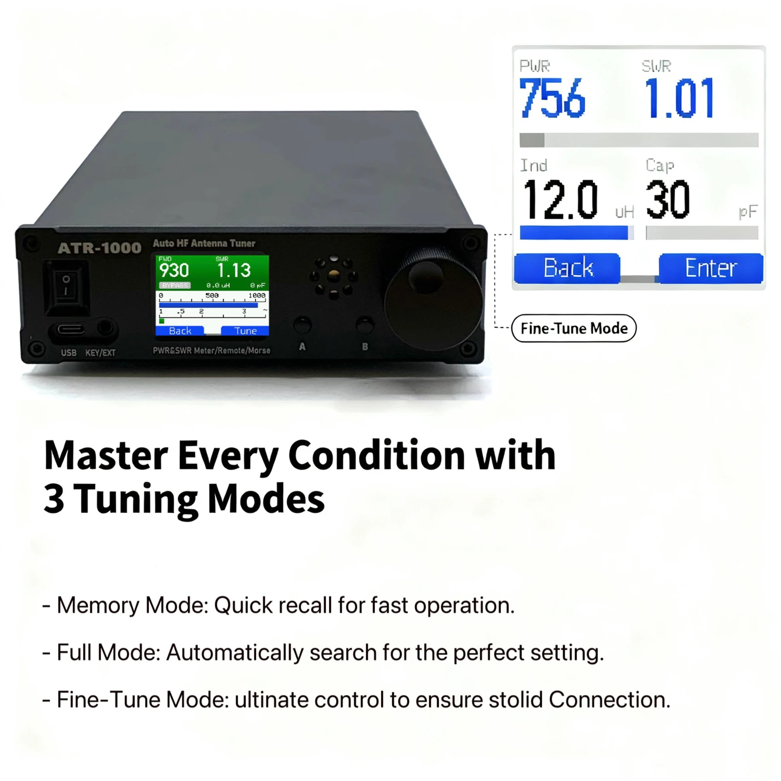 AMNVOLT ATR1000 1000W 1.8-30MHz Receptor de rádio de banda de onda completa 3 modos Antena Sintonizador automático Leve Suporte de controle remoto WIFI