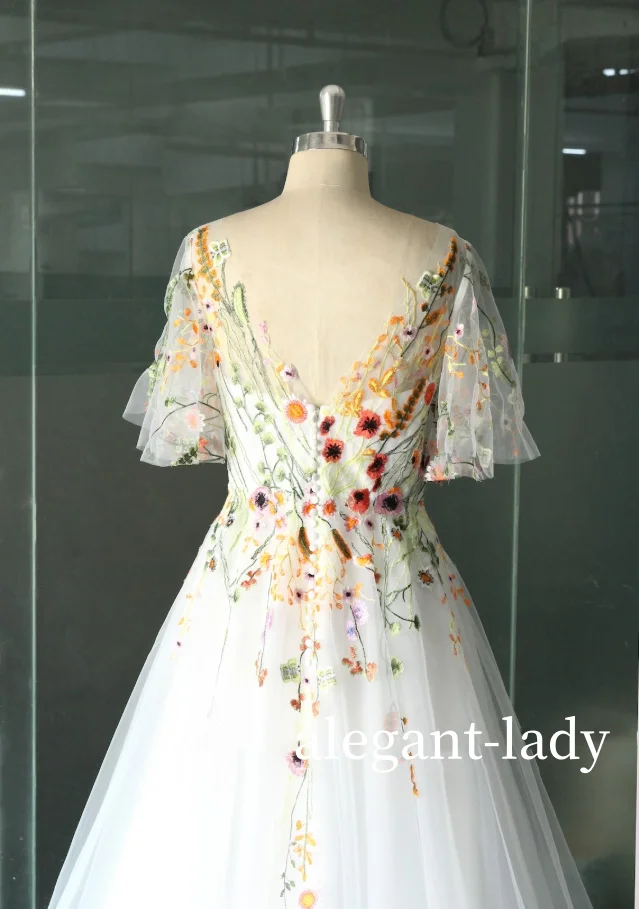 Vestido de novia de tul ilusión de una pieza, vestido de novia bohemio de playa con apliques florales 3D de fantasía, personalizado, 2025