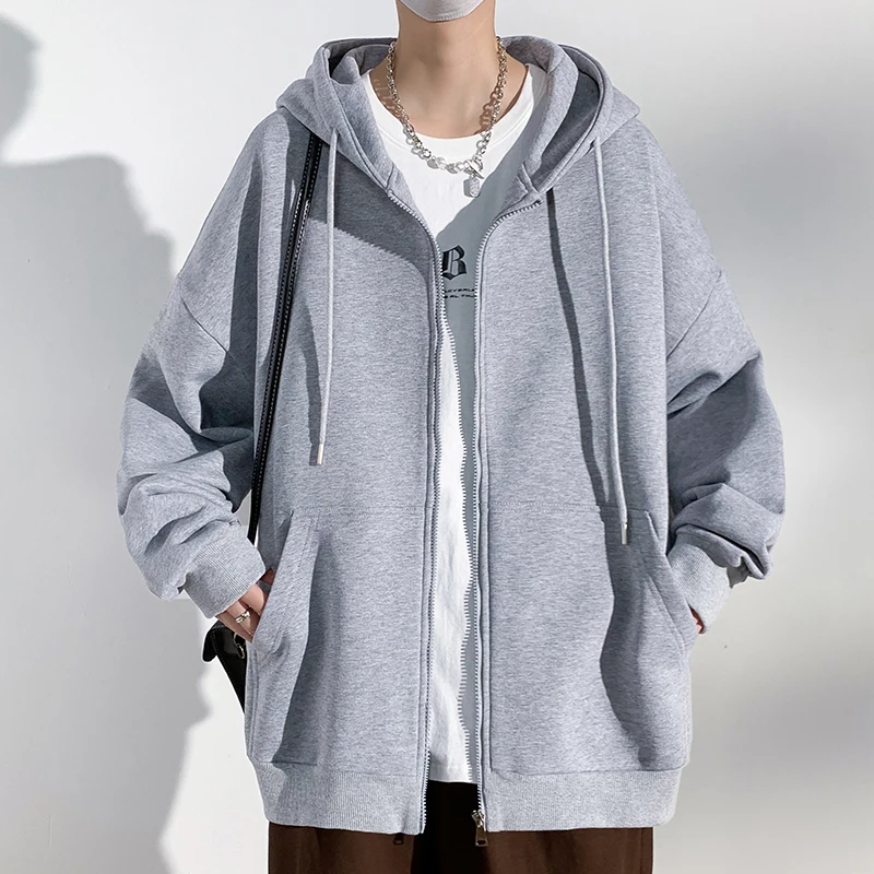 2023 Spring and Autumn Men's Hooded Spliced Lace Pocket Fashion Loose Solid Color Versatile Long Sleeved Cardigan Sweatshirts